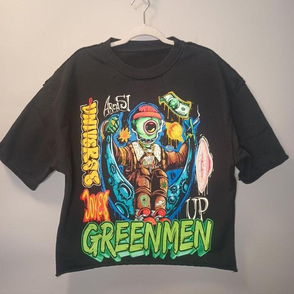 Jokes Up, Black heavyweight tee with Greenmen graphics